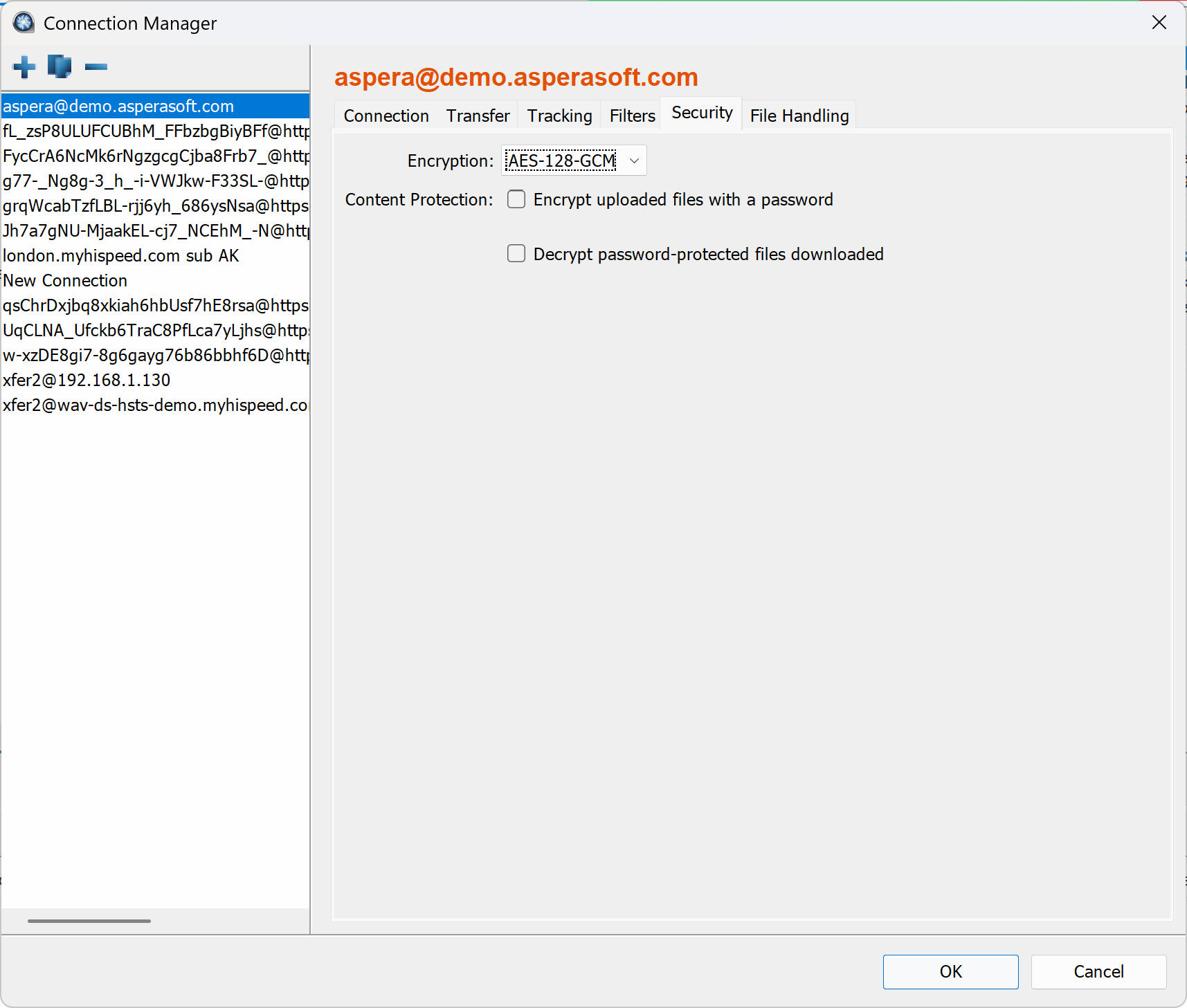 &ldquo;Security&rdquo; tab, selecting AES-128-GCM 
